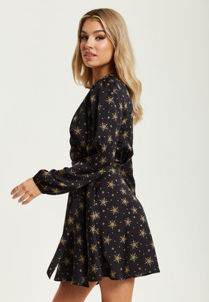 Liquorish Gold Star And Polka Dot Print Mini Wrap Dress With Long Sleeves In Black