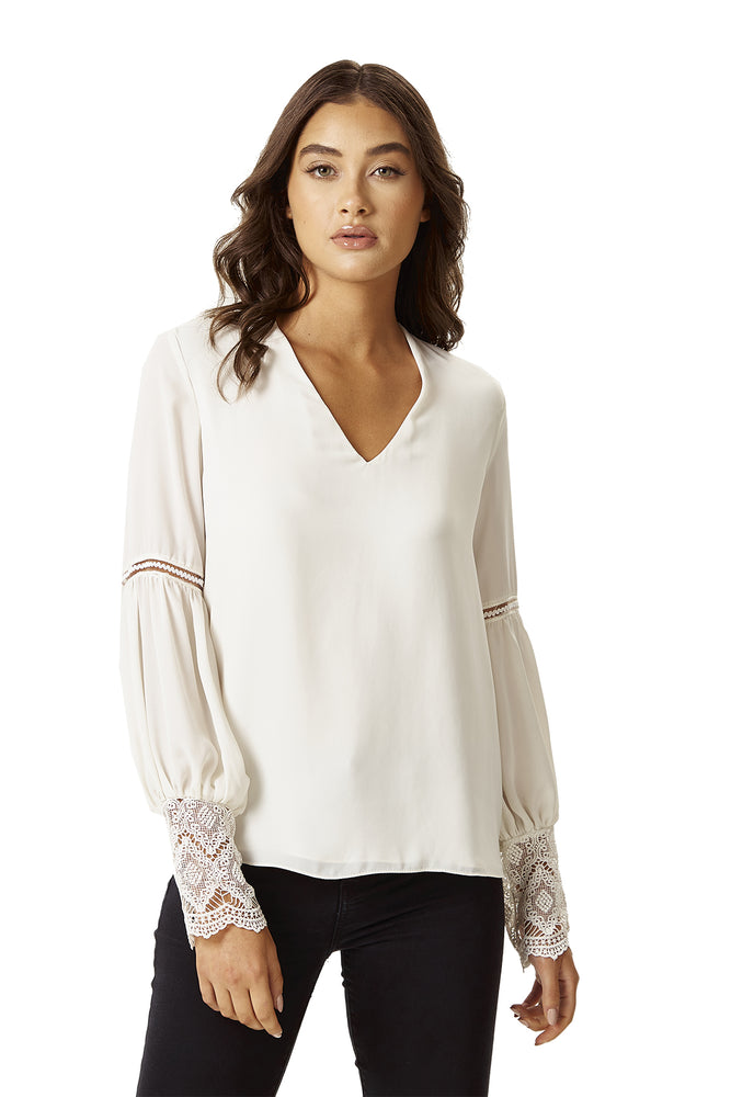 Divine Grace V Neck White Top with Lace Details
