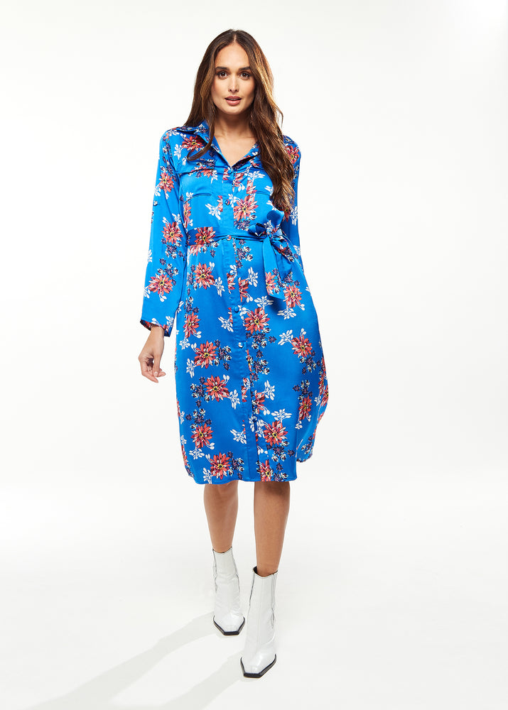 Liquorish Floral Print Shirt Dress In Bright Blue