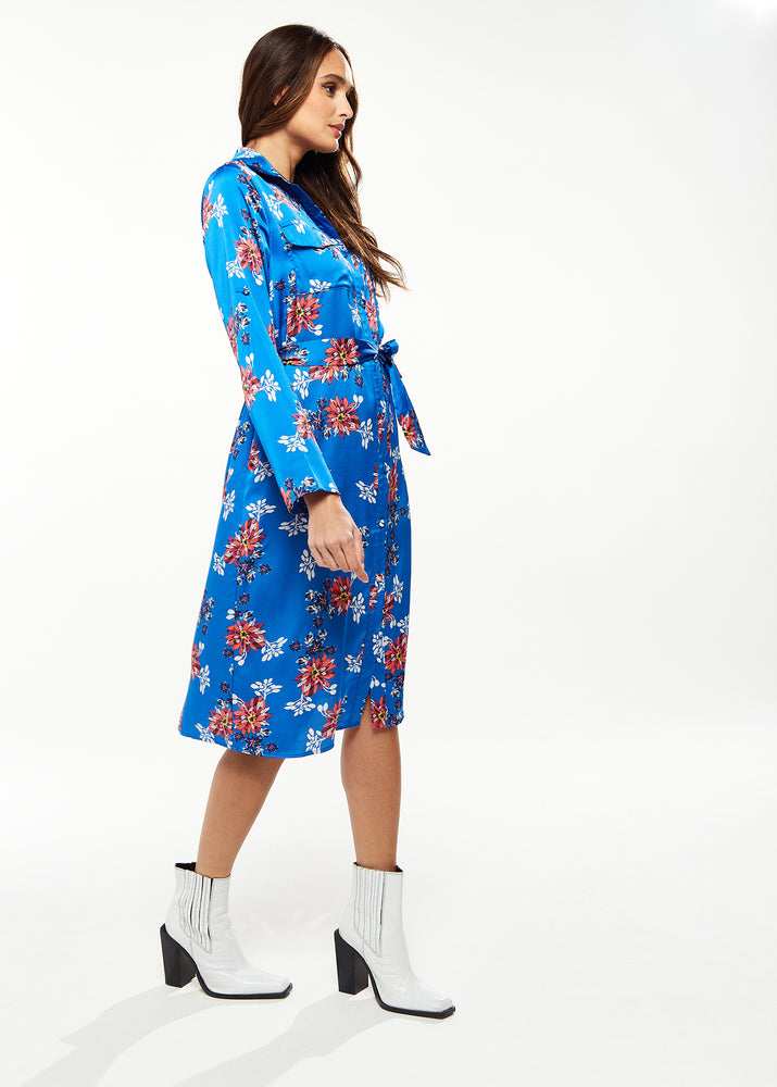 Liquorish Floral Print Shirt Dress In Bright Blue