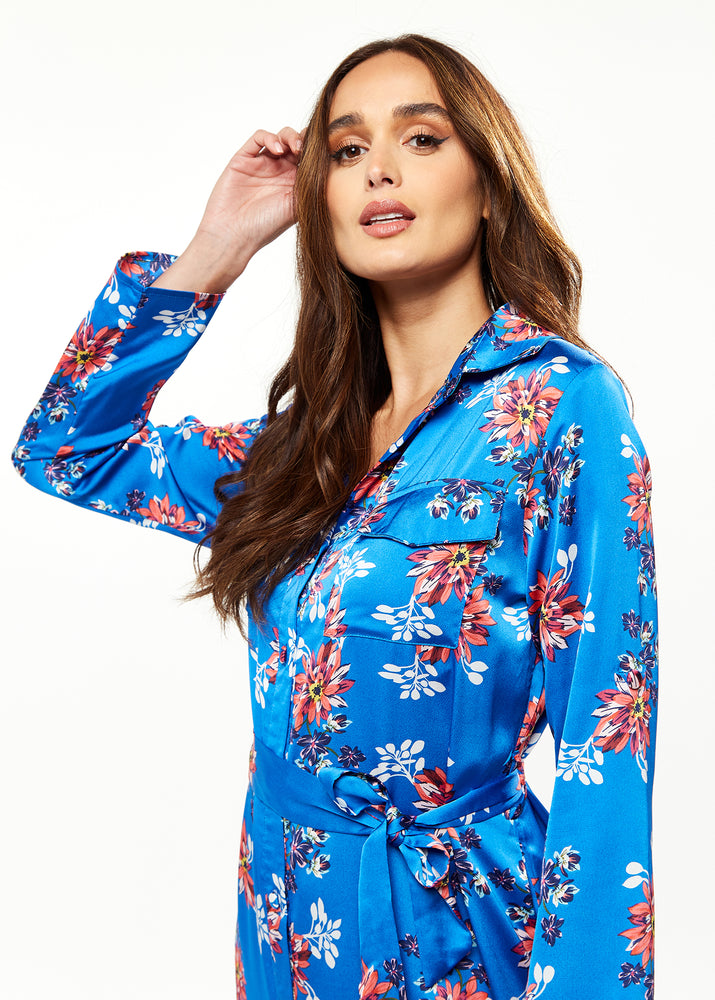 Liquorish Floral Print Shirt Dress In Bright Blue