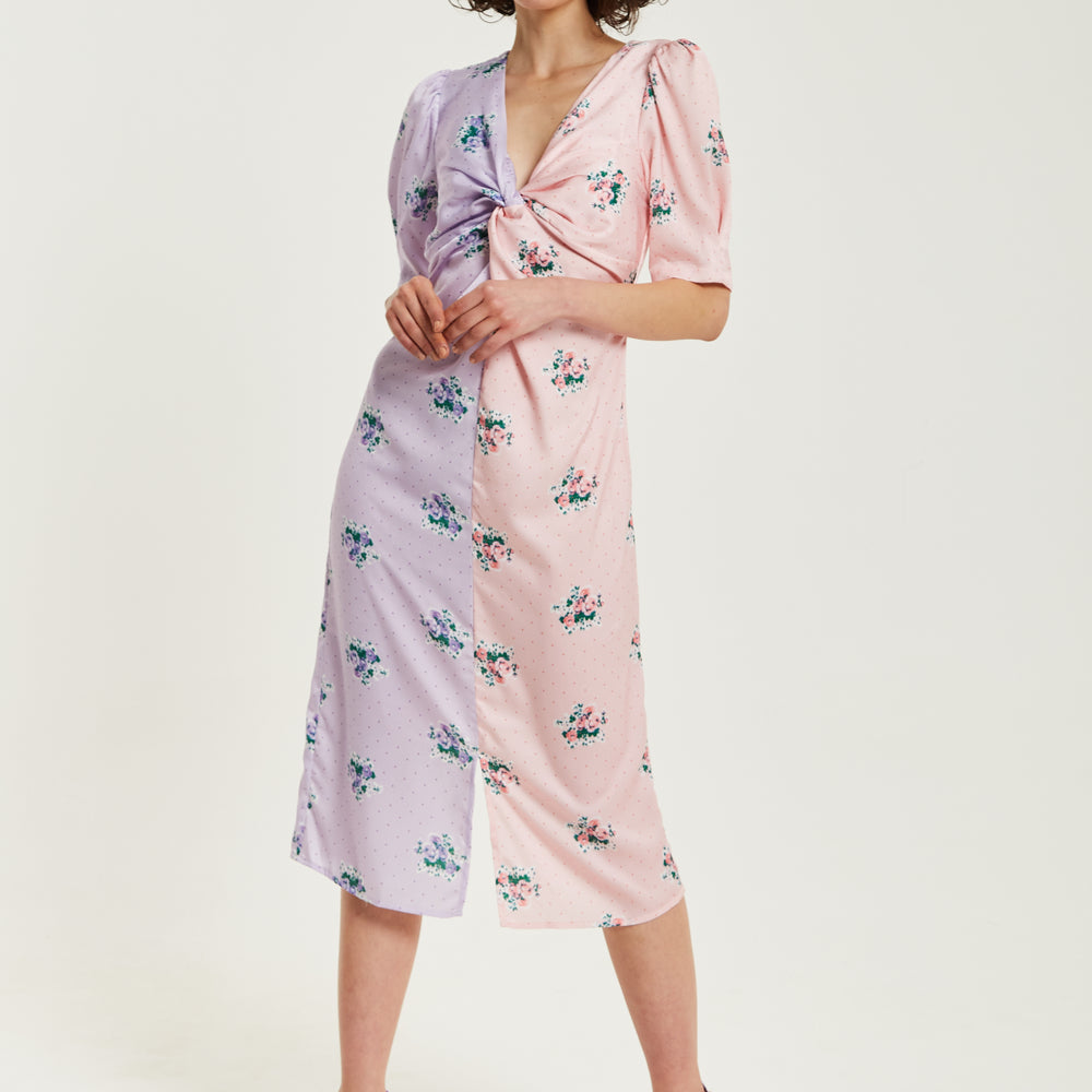 
                  
                    Liquorish Lilac And Pink Floral Knot Front Midi Dress With Short Sleeves
                  
                