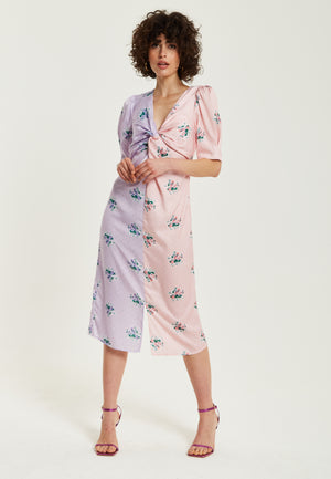 Liquorish Lilac And Pink Floral Knot Front Midi Dress With Short Sleeves