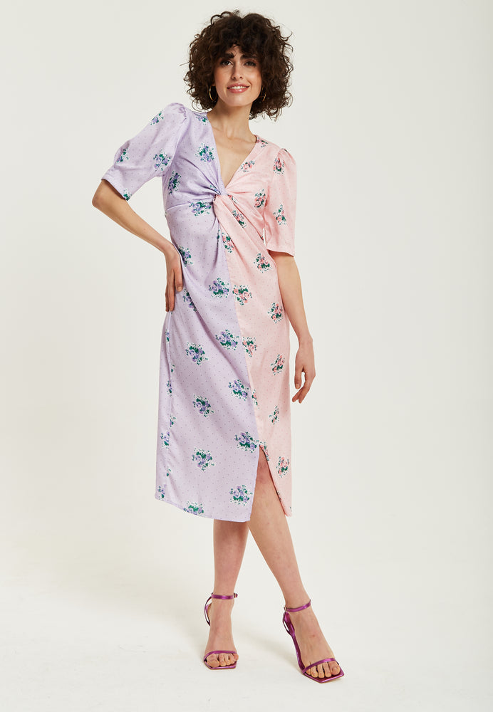 Liquorish Lilac And Pink Floral Knot Front Midi Dress With Short Sleeves