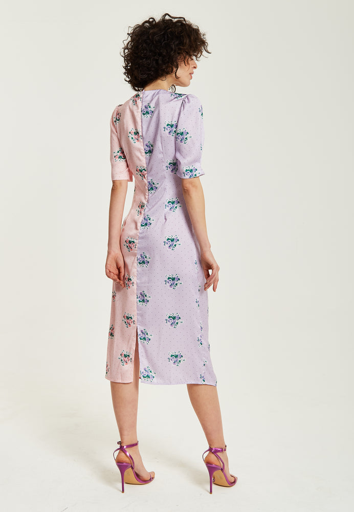 Liquorish Lilac And Pink Floral Knot Front Midi Dress With Short Sleeves