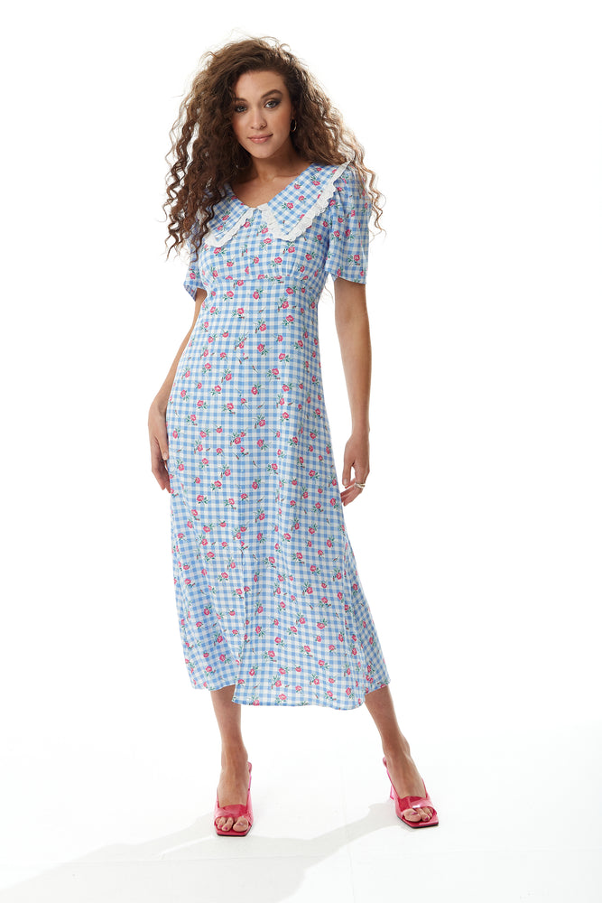 Liquorish Gingham and Floral Midi Dress in Blue and White with Trim Lace Collar