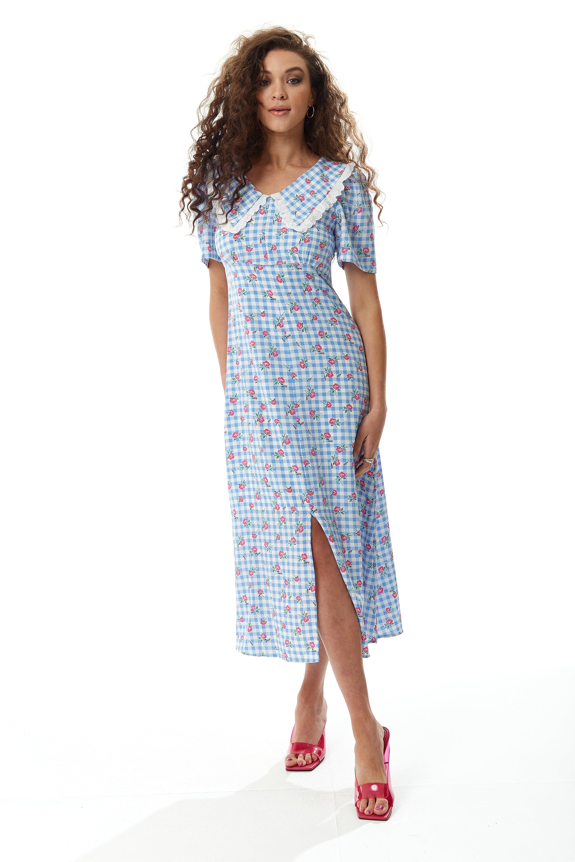 Women's Midi Dress in Blue and White Gingham with Floral Print and Tri
