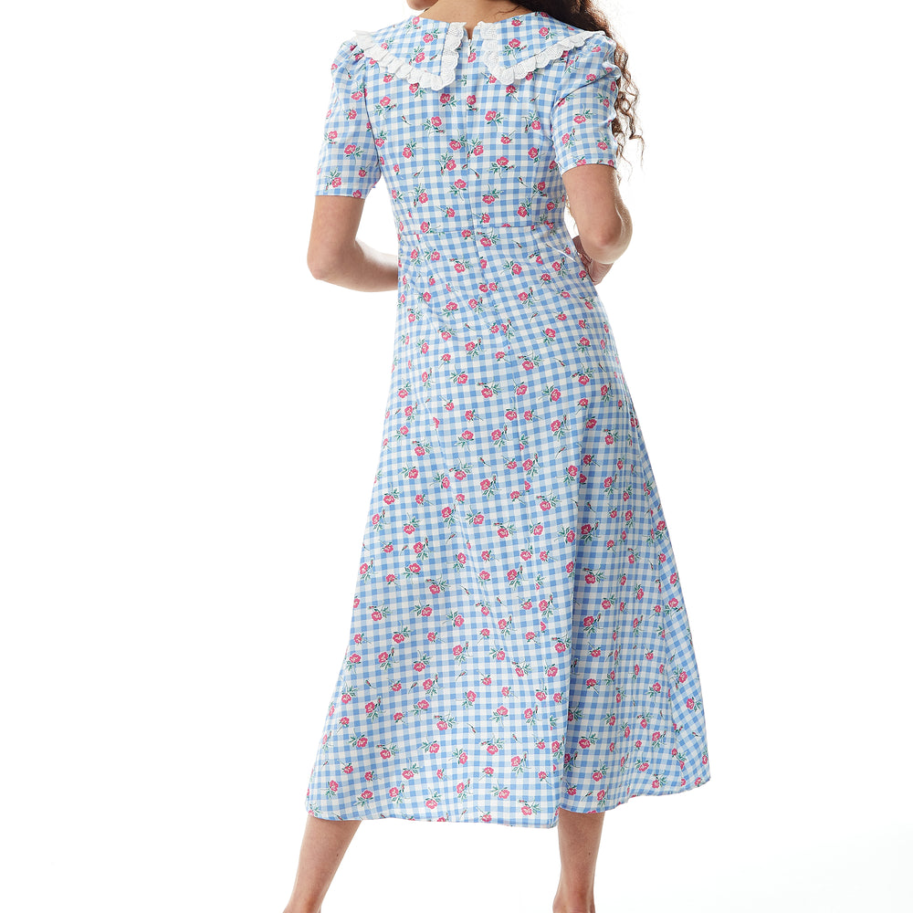 
                  
                    Liquorish Gingham and Floral Midi Dress in Blue and White with Trim Lace Collar
                  
                