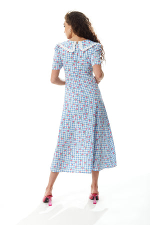 Liquorish Gingham and Floral Midi Dress in Blue and White with Trim Lace Collar