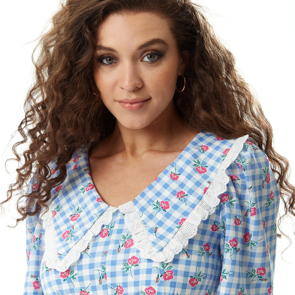 
                  
                    Liquorish Gingham and Floral Midi Dress in Blue and White with Trim Lace Collar
                  
                