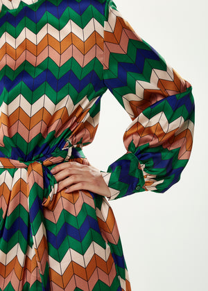 Exclusive Liquorish Zig Zag Print Mini Dress with Gathered Waist in Cool Tones