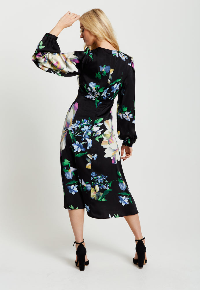 Liquorish Elegant Floral Print Midi Dress In Black