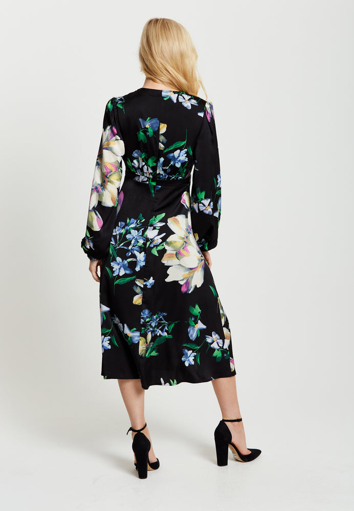Liquorish Elegant Floral Print Midi Dress In Black