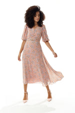 Liquorish Floral Midi Dress with Tie Waist in Pink