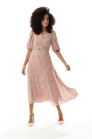Liquorish Floral Midi Dress with Tie Waist in Pink