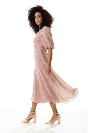Liquorish Floral Midi Dress with Tie Waist in Pink