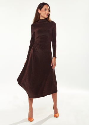 Exclusive Liquorish Lurex High Neck Midi Dress in Bronze