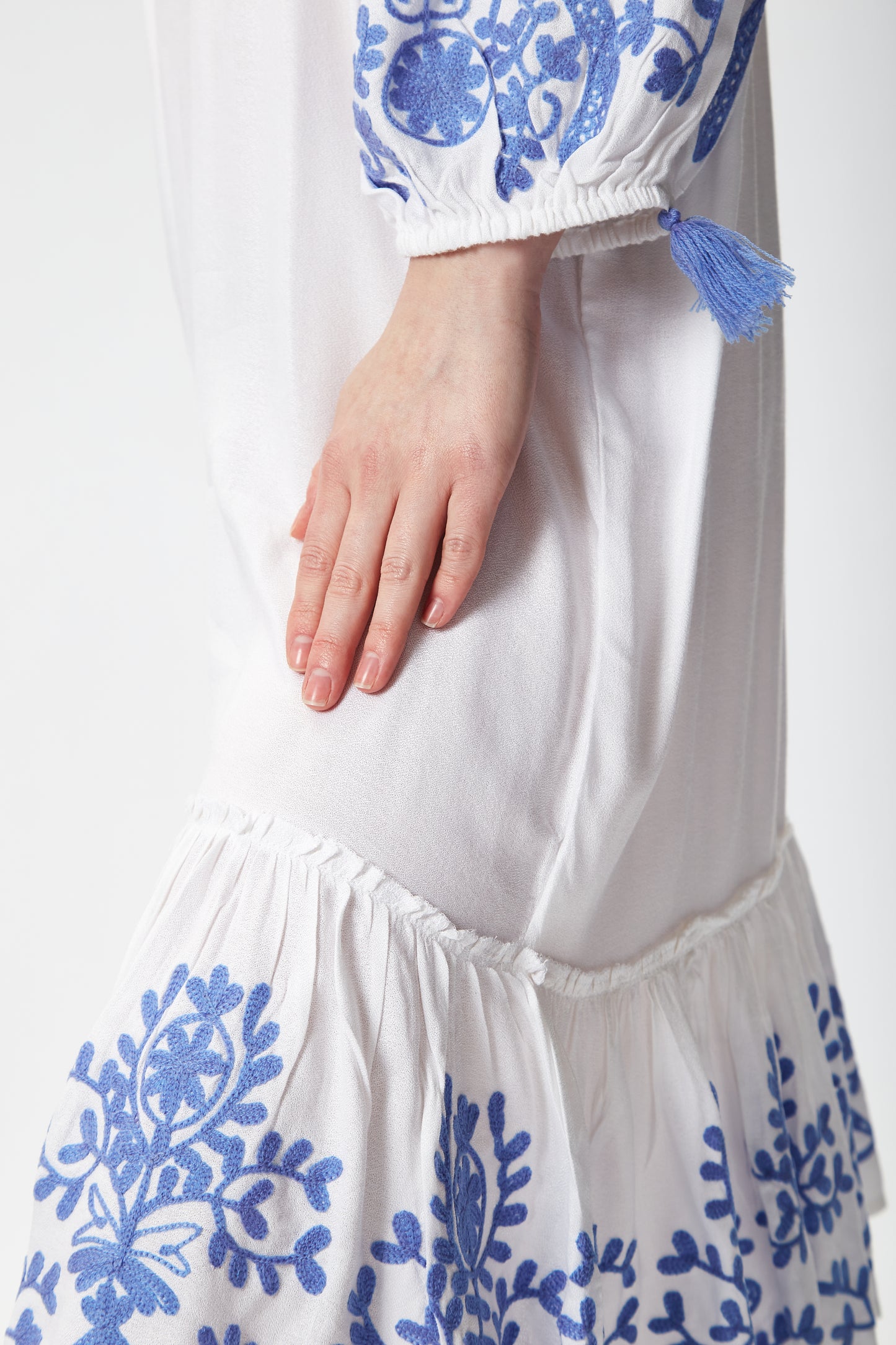 
                  
                    Liquorish Blue Embroidered Off Shoulder Mini Frill Dress in White
                  
                