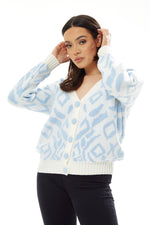 Liquorish Geometric Pattern Cardigan In Blue And White