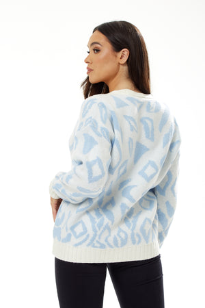 Liquorish Geometric Pattern Cardigan In Blue And White