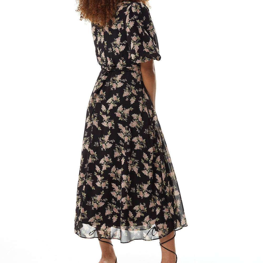 Women's Midi Dress with Tie Waist and Short Sleeves in Navy