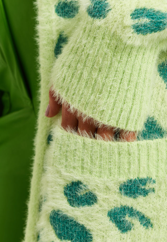 Liquorish Fluffy Longline Cardigan In Green Animal Print