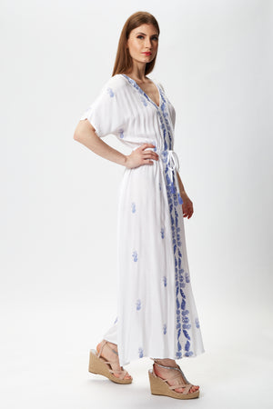 Liquorish White Maxi Beach Dress with Blue Pineapple Embroidery