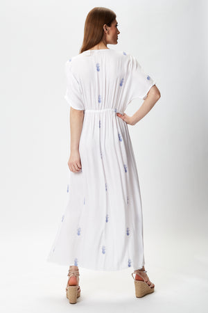 Liquorish White Maxi Beach Dress with Blue Pineapple Embroidery