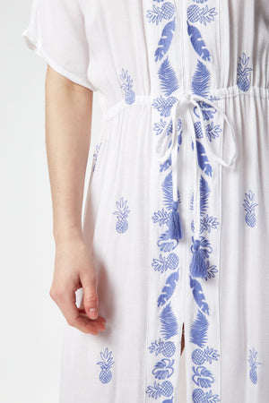 Liquorish White Maxi Beach Dress with Blue Pineapple Embroidery
