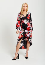 Liquorish Rose Print Midi Dress In Red And Pink