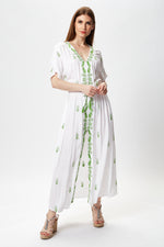 Liquorish White Maxi Beach Dress with Green Pineapple Embroidery