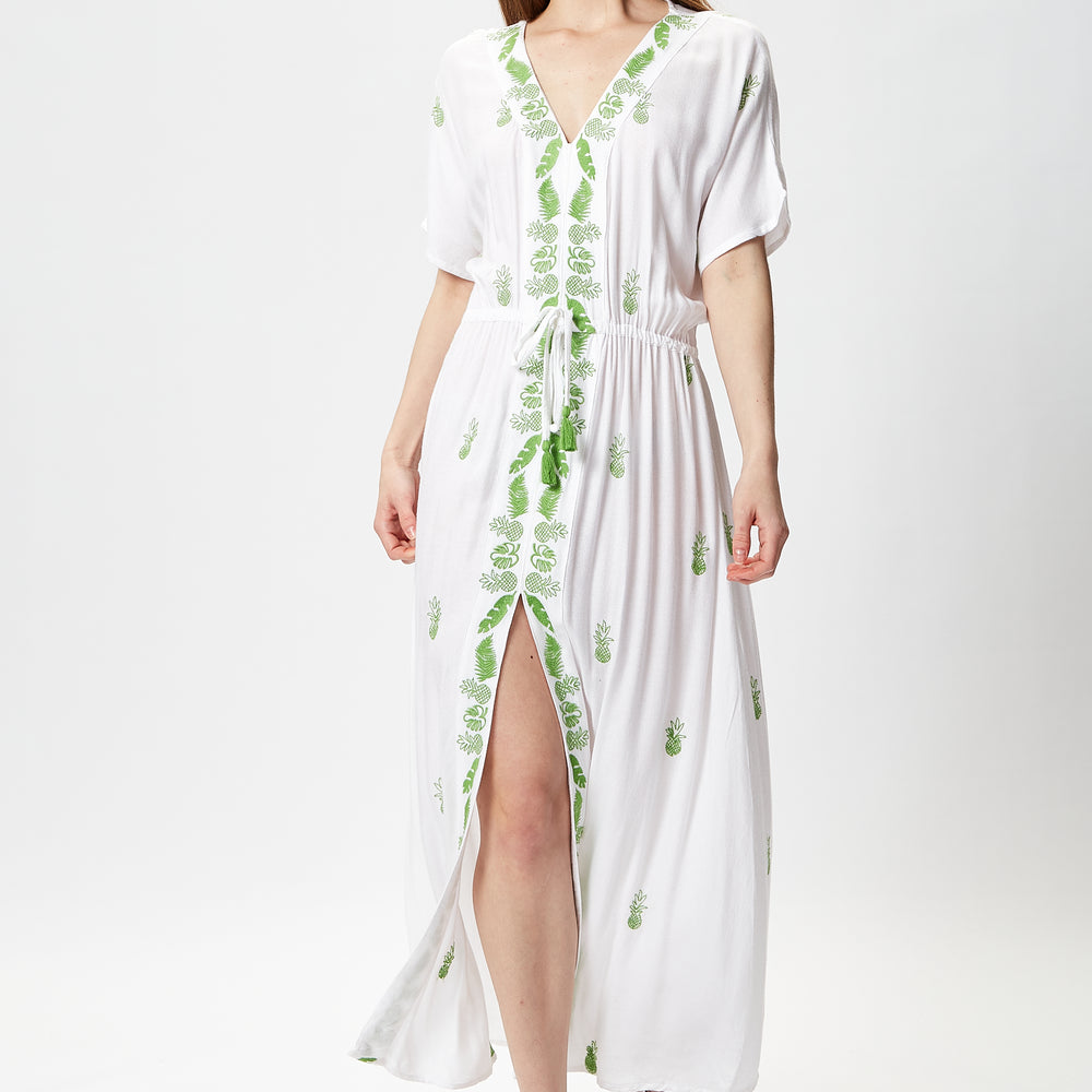 
                  
                    Liquorish White Maxi Beach Dress with Green Pineapple Embroidery
                  
                