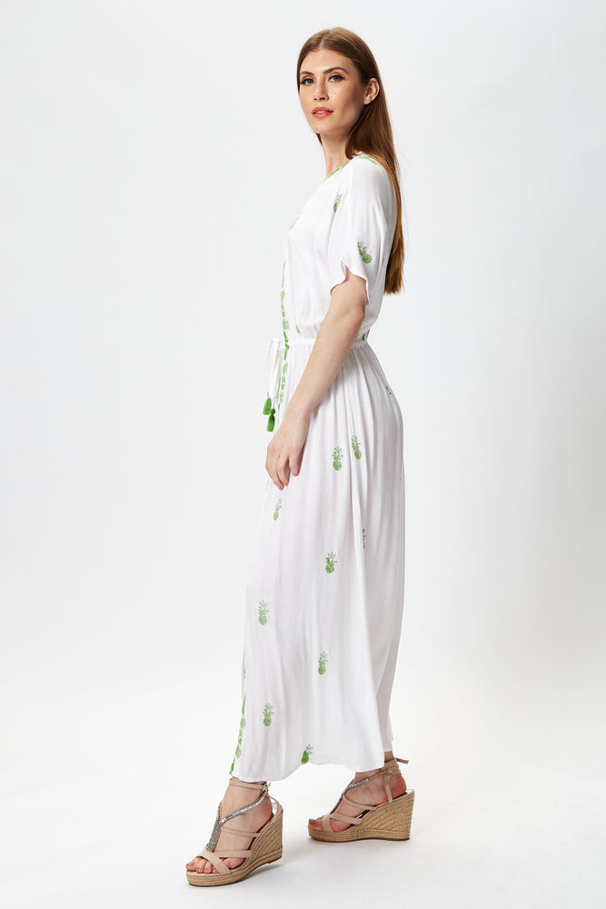 Liquorish White Maxi Beach Dress with Green Pineapple Embroidery