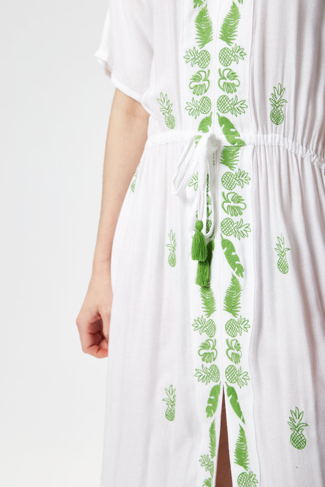 Liquorish White Maxi Beach Dress with Green Pineapple Embroidery