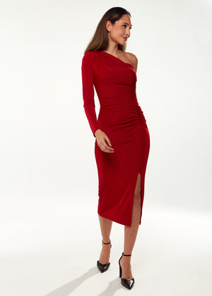 Liquorish Asymmetric Midi Dress in Red