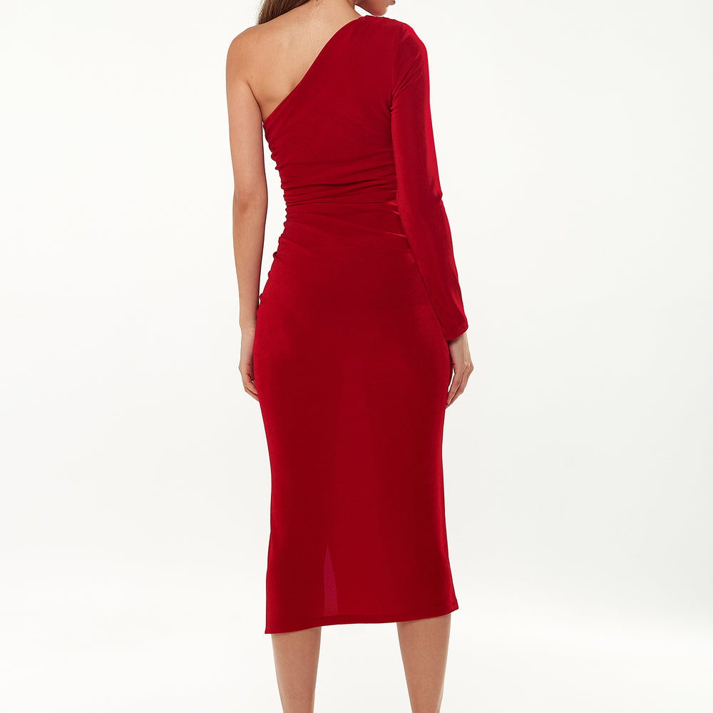 
                  
                    Liquorish Asymmetric Midi Dress in Red
                  
                
