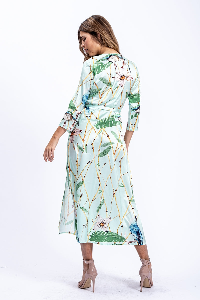 
                  
                    Women's Midi Wrap Dress in Mint Green with 3/4 Length Sleeves and Unique Bird Print - Liquorish
                  
                
