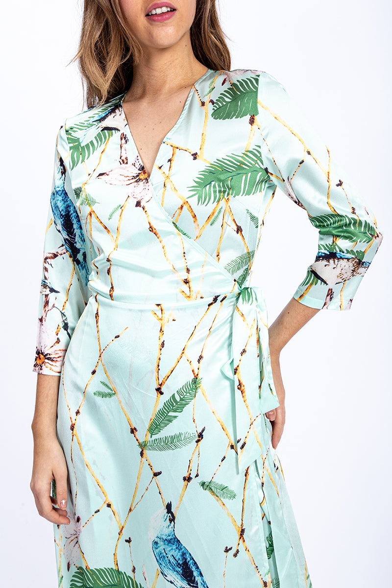 
                  
                    Women's Midi Wrap Dress in Mint Green with 3/4 Length Sleeves and Unique Bird Print - Liquorish
                  
                