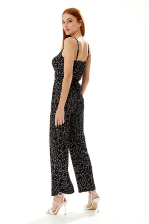 Liquorish Floral Print Jersey Jumpsuit in Black