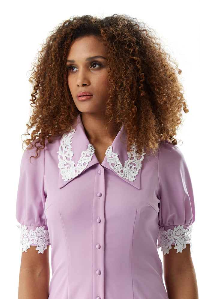 Liquorish Fitted Mini Dress with Lace Details on Collar and Sleeves in Lilac