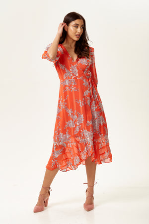 Liquorish Red Wrap Front Midi Floral Dress