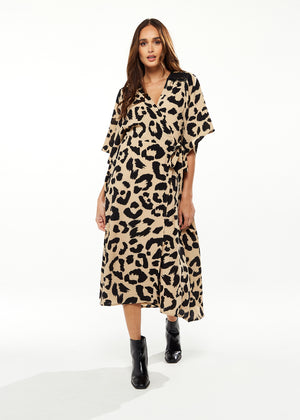 Liquorish Animal Print Maxi Wrap Dress With Kimono Sleeves In Cream