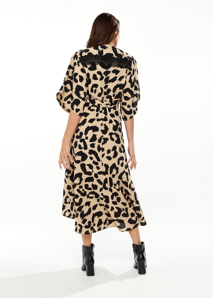 Liquorish Animal Print Maxi Wrap Dress With Kimono Sleeves In Cream