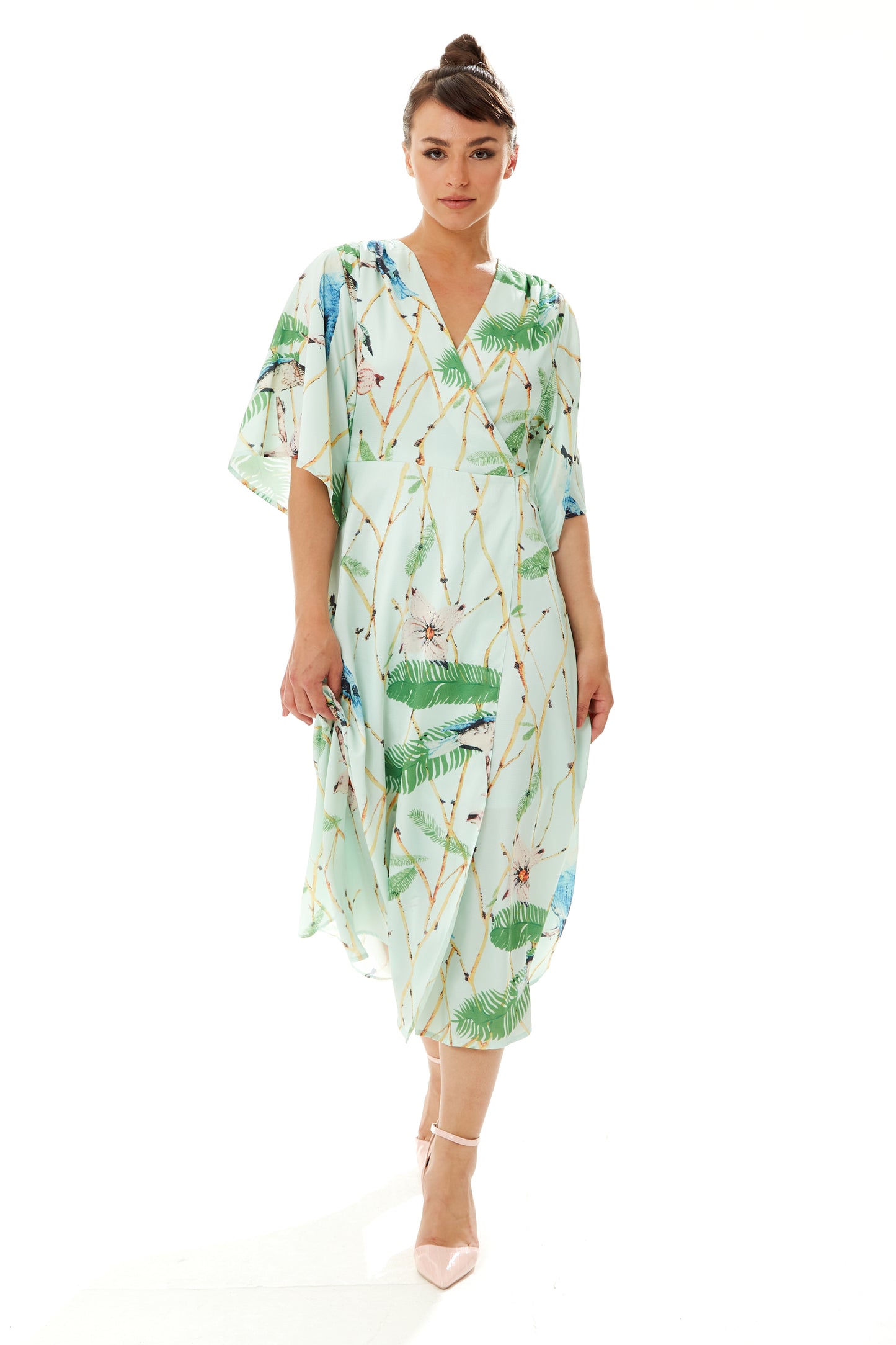 Midi Dress Mint Green Bird Print Wrap Dress Women's Maxi Dress With Kimono Sleeves In Mint Midi Dress Mint Green Bird Print Wrap Dress Women's Maxi Dress With Kimono Sleeves In Mint
