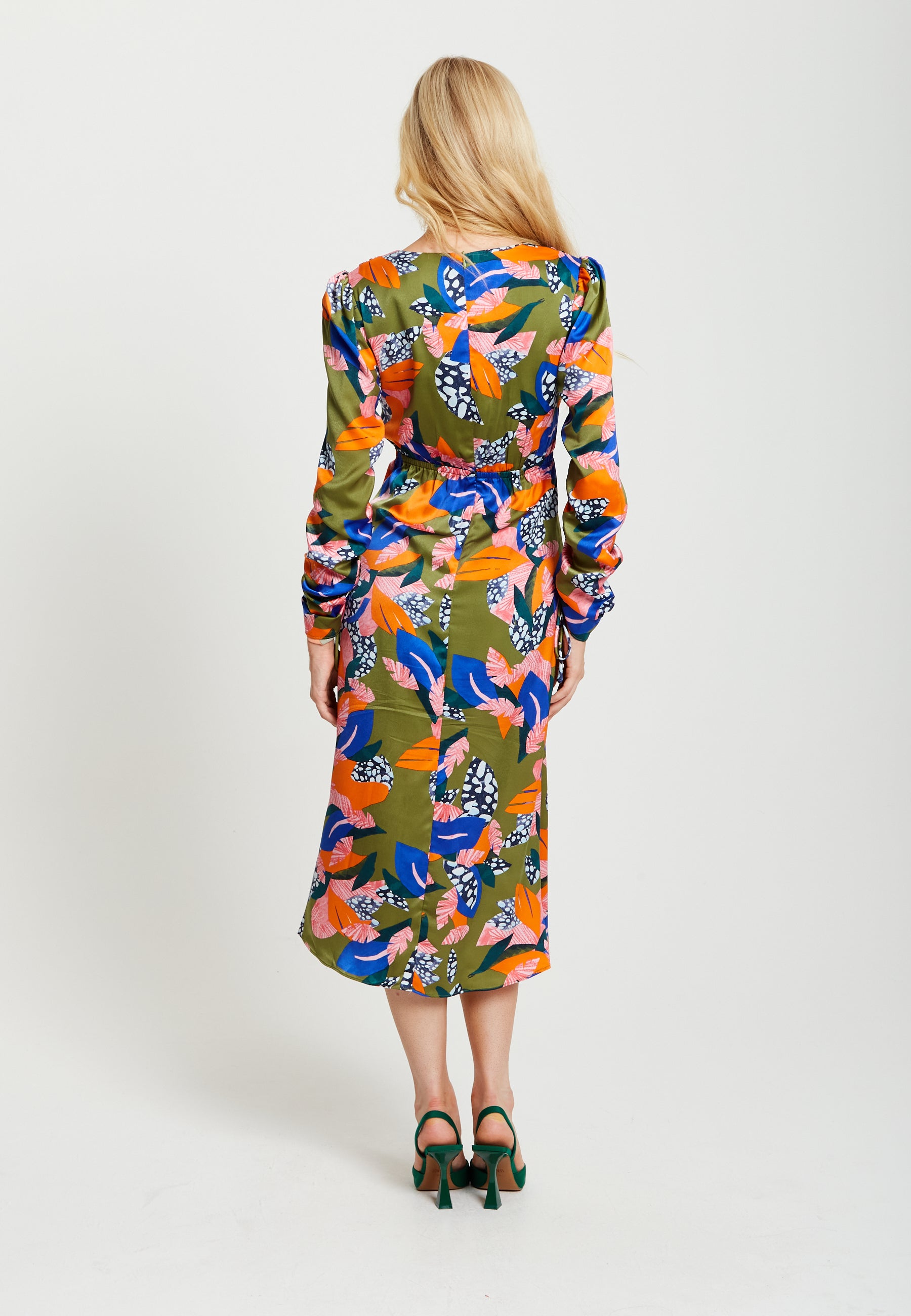 Women's Midi Dress with Adjustable Long Sleeves in Olive - Abstract Le ...