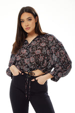 Liquorish Floral Print Crop Shirt in Black