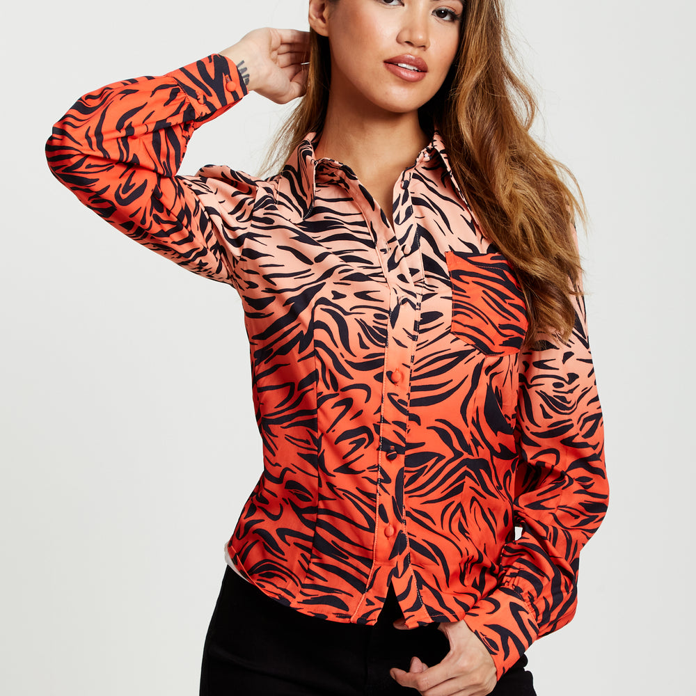 
                  
                    Liquorish Zebra Print Shirt With Accentuated Collar Detail In Orange And Nude
                  
                