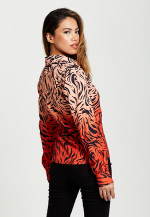 Liquorish Zebra Print Shirt With Accentuated Collar Detail In Orange And Nude
