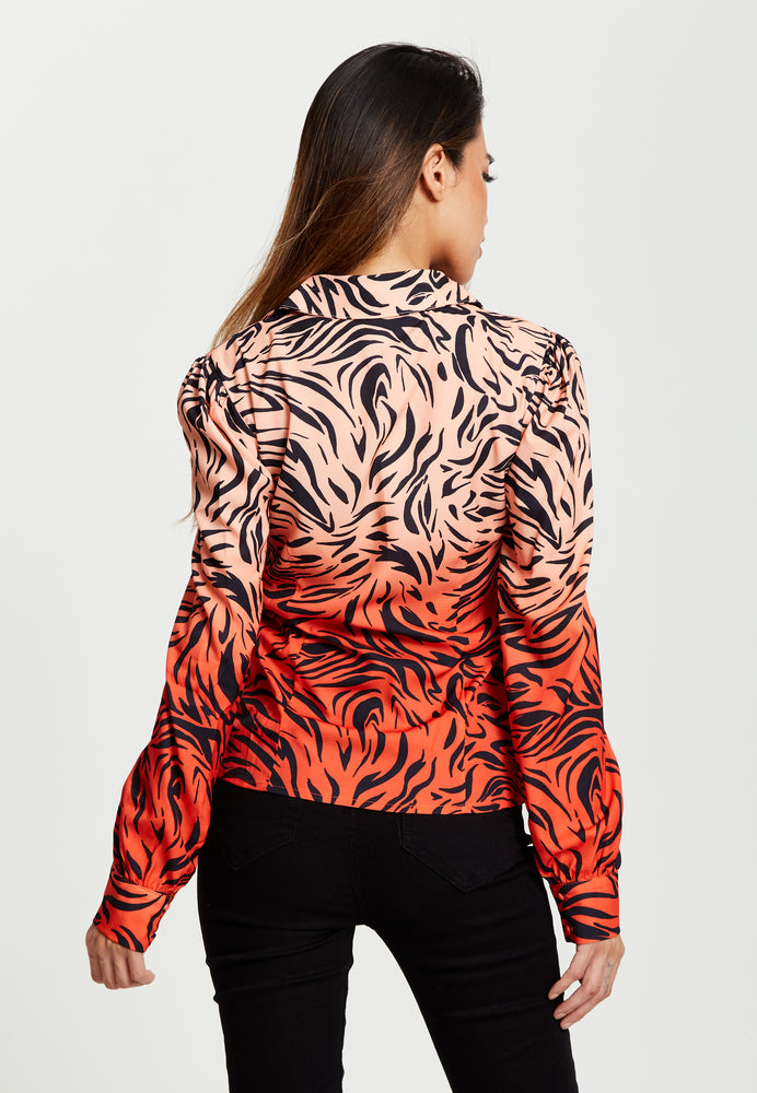 Liquorish Zebra Print Shirt With Accentuated Collar Detail In Orange And Nude
