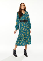 Liquorish African print midi dress with 3/4 length sleeve & tiered skirt detail in green, yellow & navy